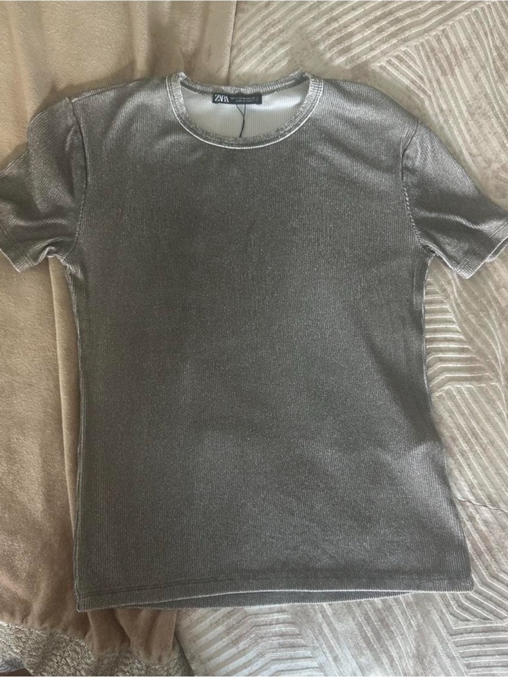 Zara women  Metallic Silver Crew Neck T-Shirt